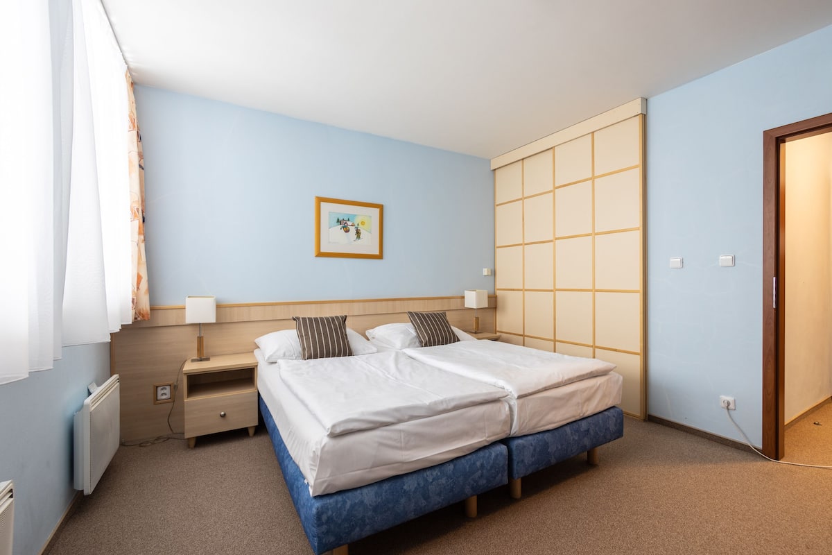 A hotel room with a double bed, a bedside table, a nightstand, a radiator, a wall-mounted shelf, and a sliding door.