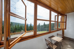 A room with large windows offering a view of a forested area and mountains. - Hotel Petrovy kameny (Loucna nad Desnou)