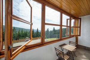 Habitación con amplios ventanales que ofrecen vistas a un área boscosa y montañas.