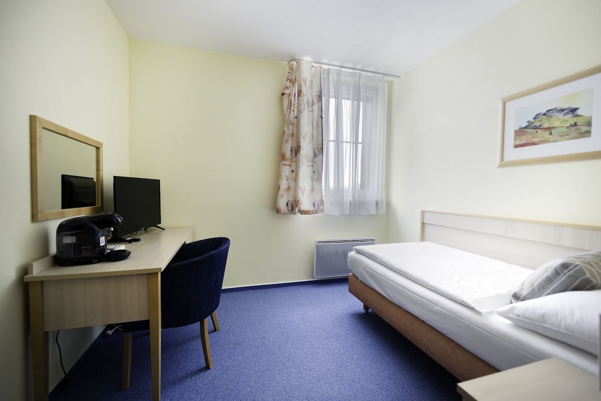 A room with a bed, a desk with a computer, a chair, a radiator, and a window with curtains.