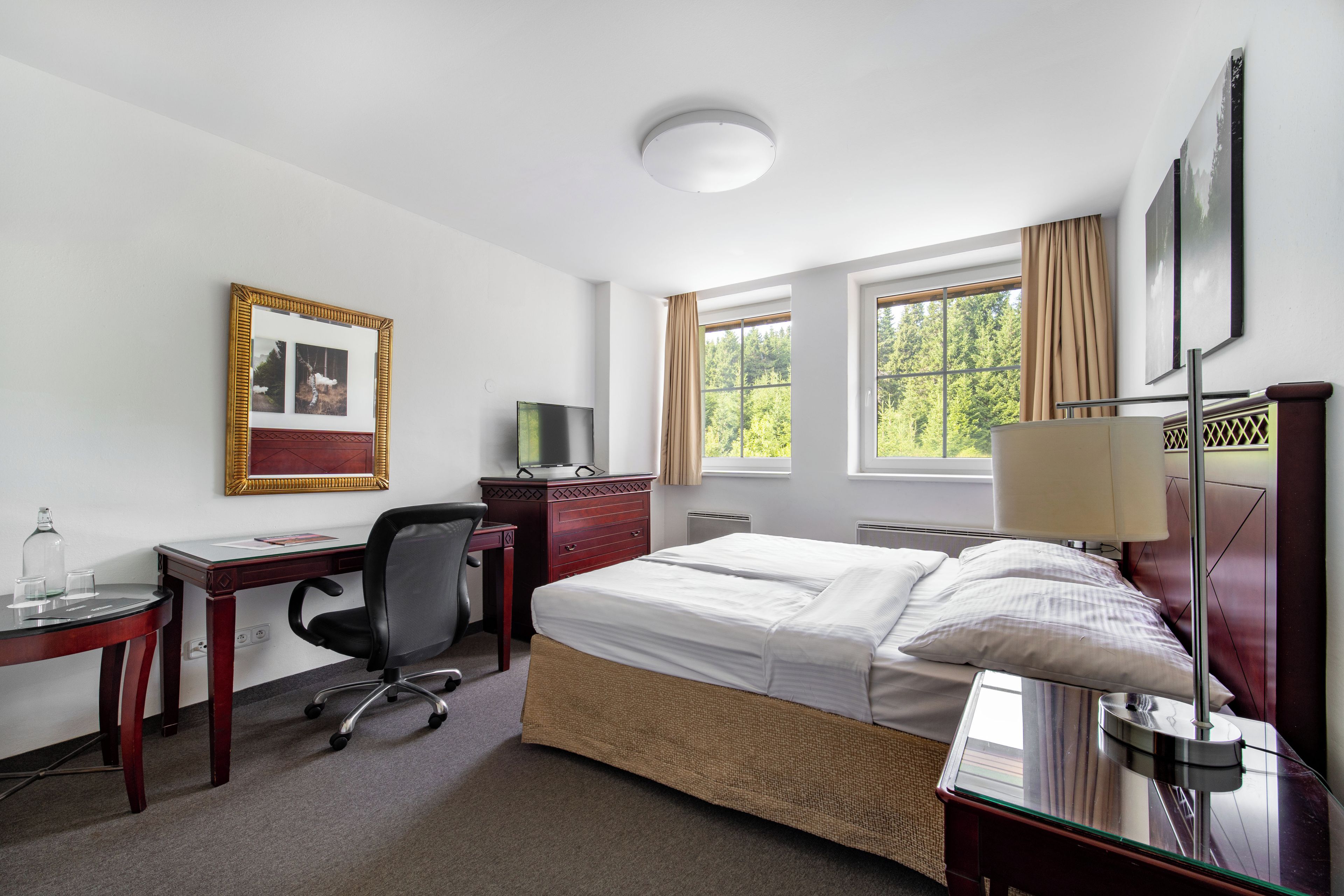 A hotel room with a bed, desk, chair, TV, and windows.