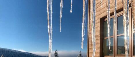 Goteras colgando de una estructura de madera, con vistas a árboles y montañas nevadas al fondo.