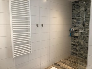 Shower, hair dryer, towels, toilet paper