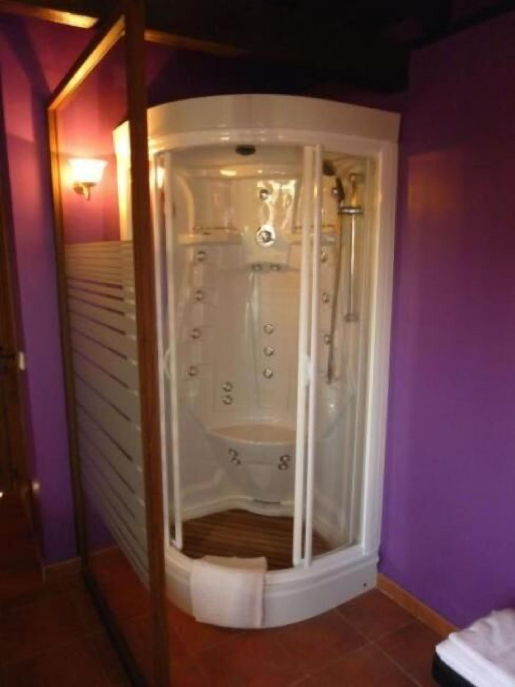 Un baño con ducha en esquina, cabina de vidrio, suelo de madera y pared morada.