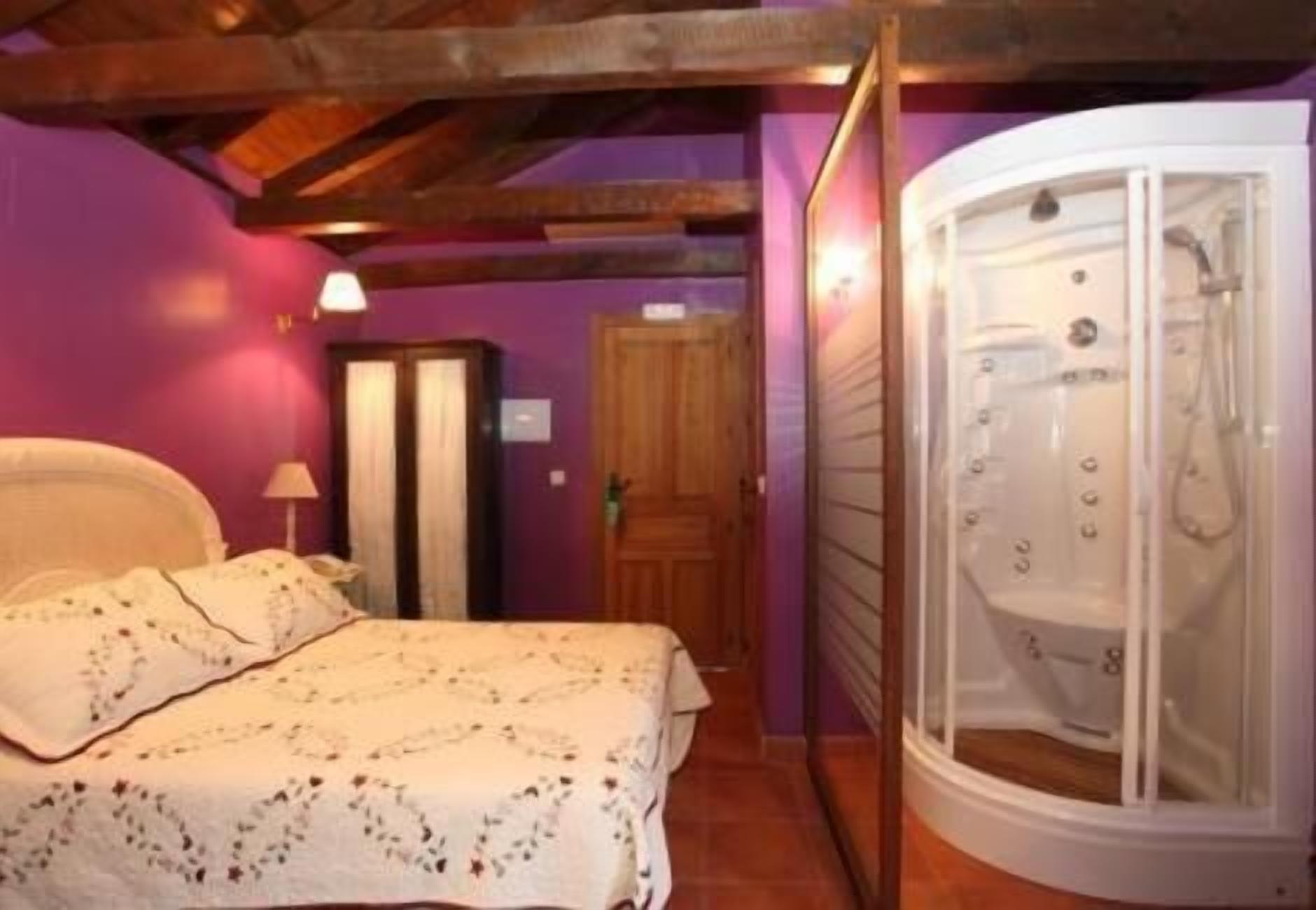 A bedroom with a bed, a wooden wardrobe, and a shower enclosure.