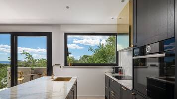 Full-size fridge, microwave, oven, stovetop