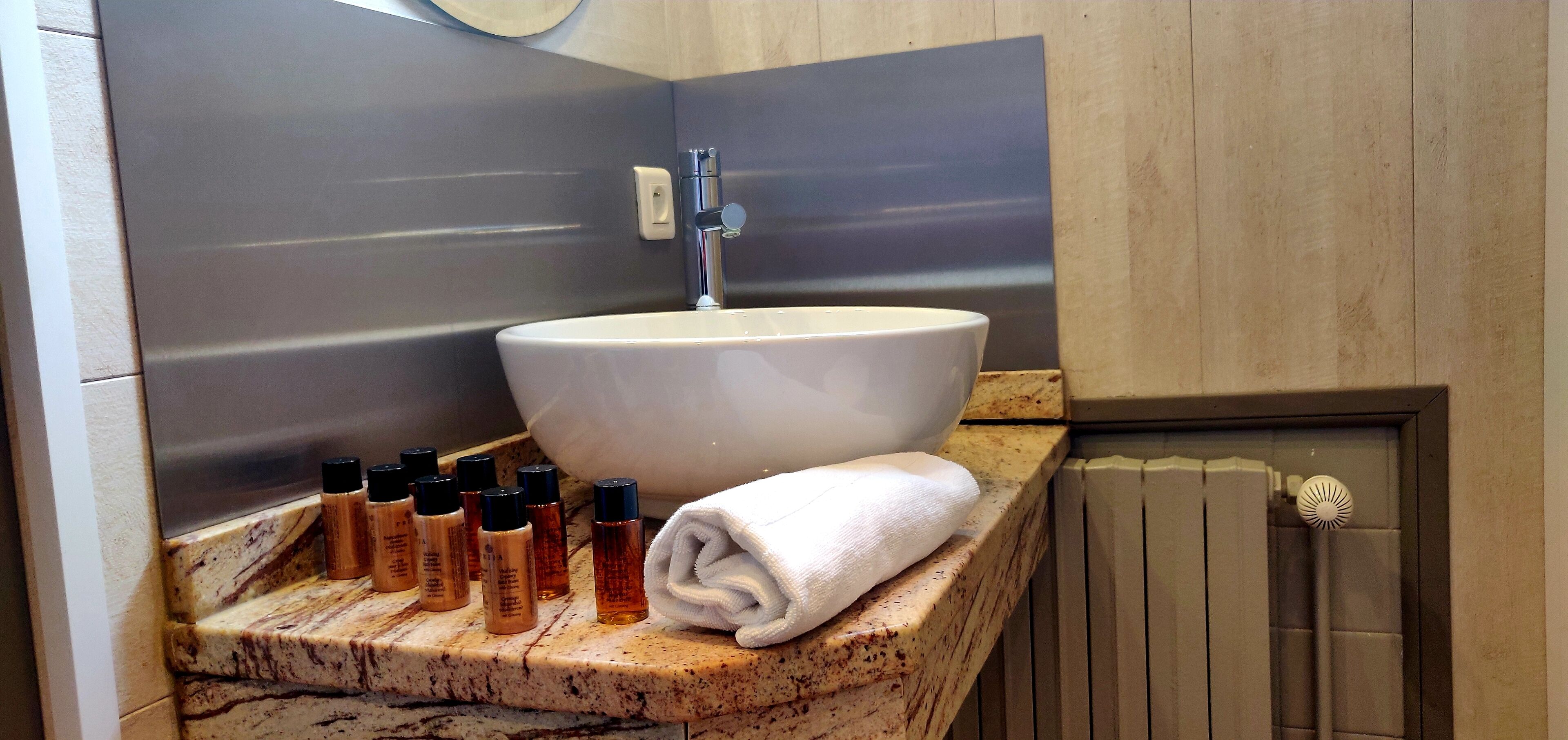 family room | bathroom | shower, hair dryer, towels