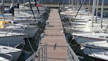 A marina with boats docked on both sides of a wooden walkway leading to the water.