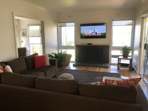 TV, fireplace, DVD player, books