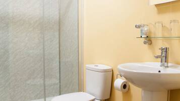 A bathroom with a glass shower enclosure, a toilet, and a sink with a mirror above it.
