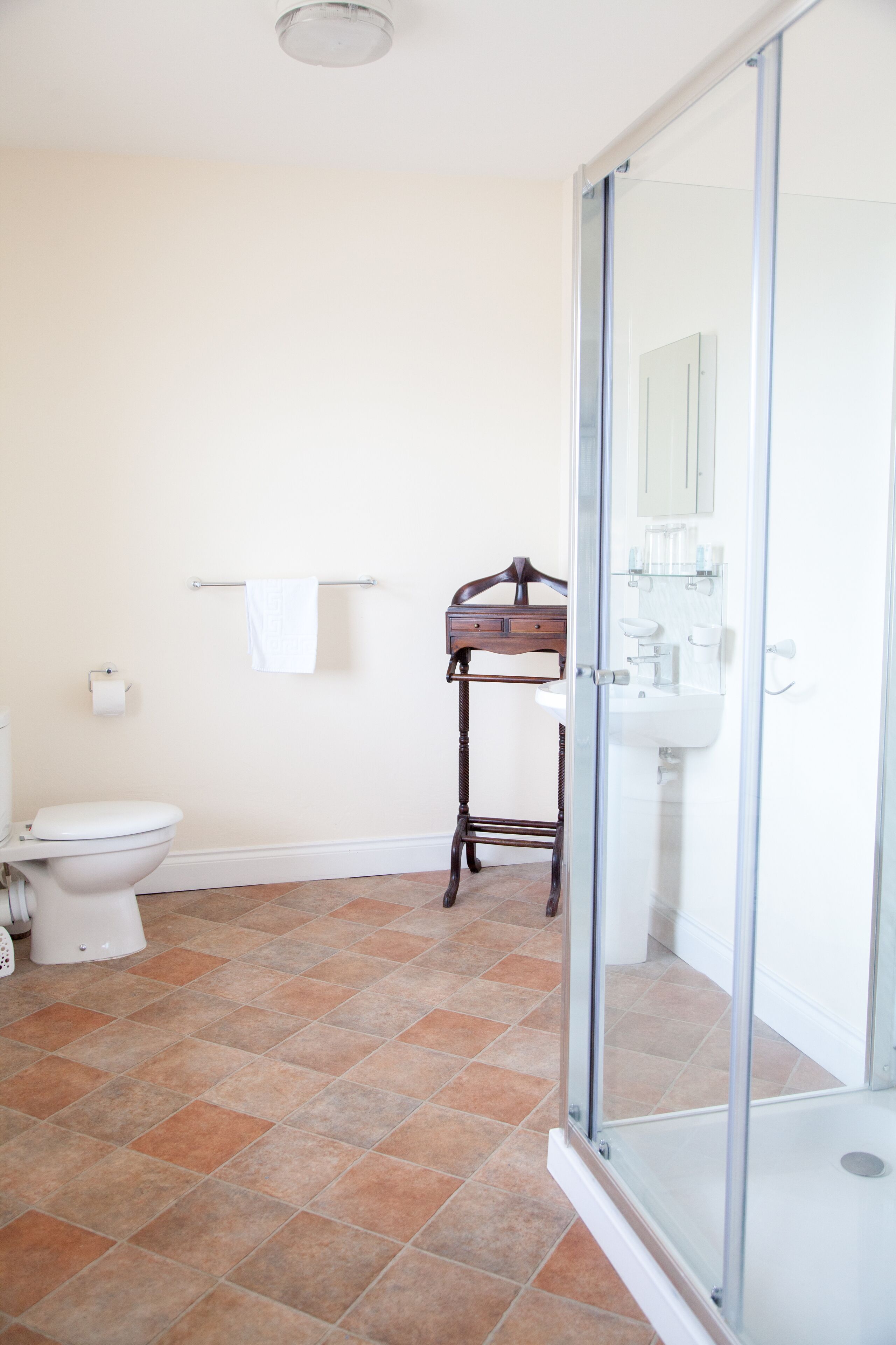 Dusch, regndusch, hårtork och handdukar