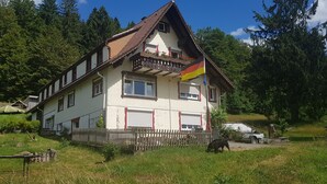 A two-story house with a sloped roof, a balcony with flower boxes, and a flag on the right side.