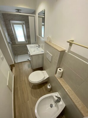 Habitación económica con 1 cama doble o 2 individuales | Baño | Ducha, secador de pelo, bidé y toallas