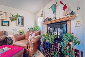 Un salon chaleureux avec un fauteuil en cuir, une cheminée et diverses plantes.