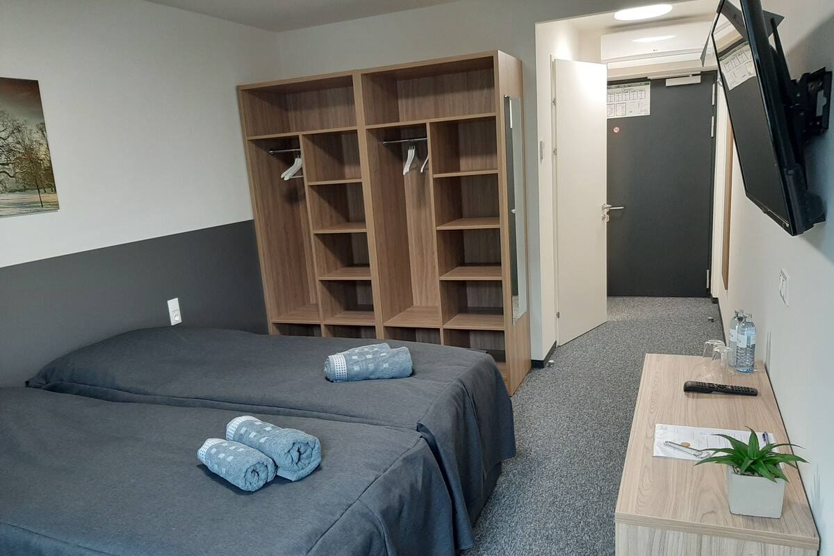 A bedroom with two beds, a wooden wardrobe, a desk with a plant, and a TV mounted on the wall.