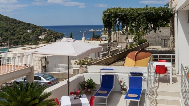 A balcony with lounge chairs, a table, and potted plants.