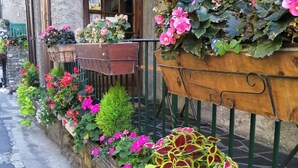 A building with a stone facade, wooden window frames, and a door. There are flower boxes with pink flowers and green foliage on the sidewalk.