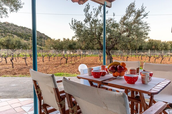 An outdoor seating area with a table set for two, surrounded by chairs, overlooking a vineyard.