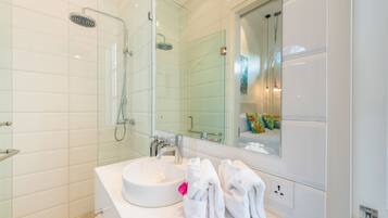 Honeymoon Villa, 1 Bedroom | Bathroom | Shower, rainfall showerhead, hair dryer, towels