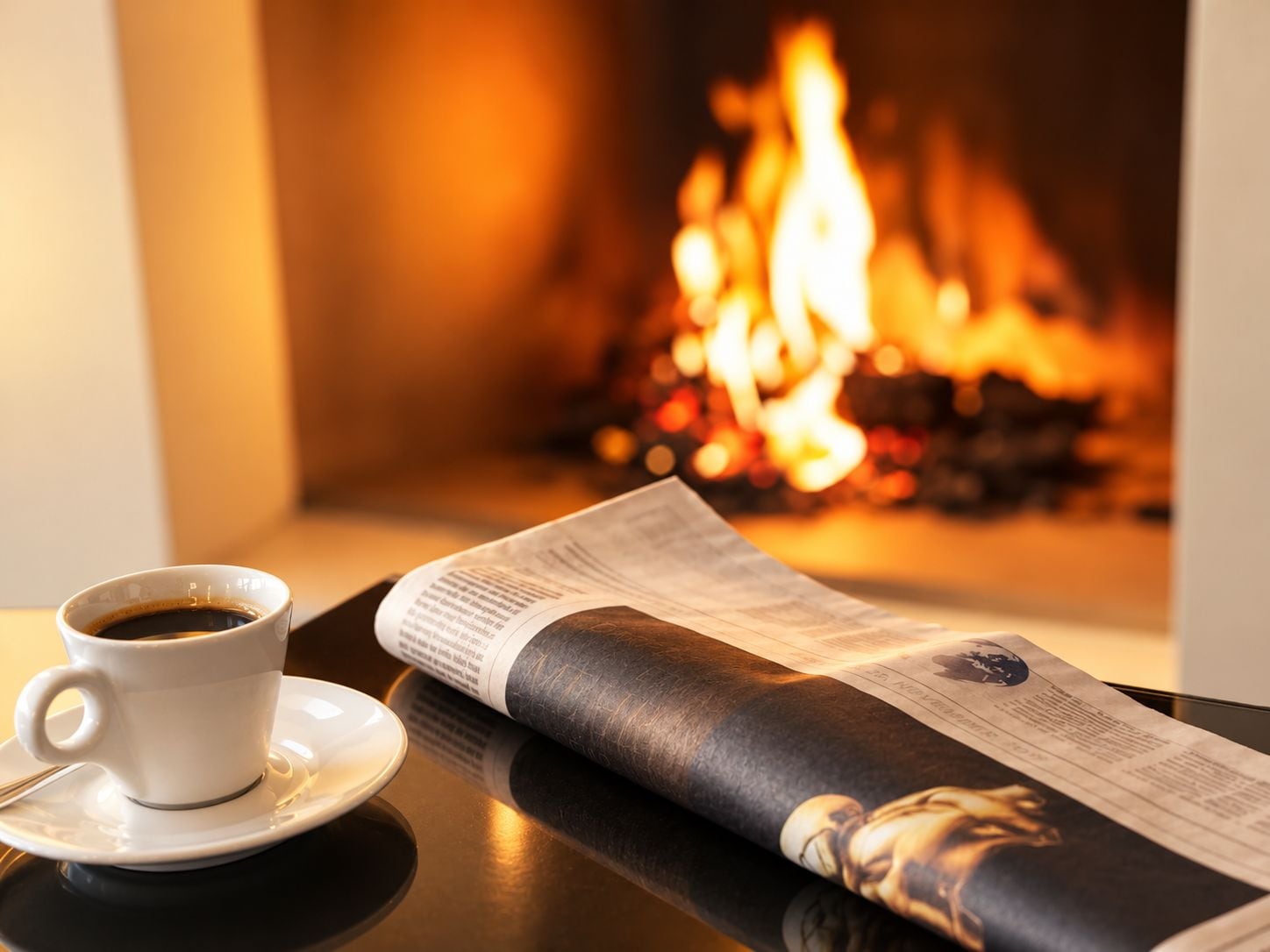 Een kop koffie op een schoteltje, naast een krant op een tafel, met een open haard op de achtergrond.