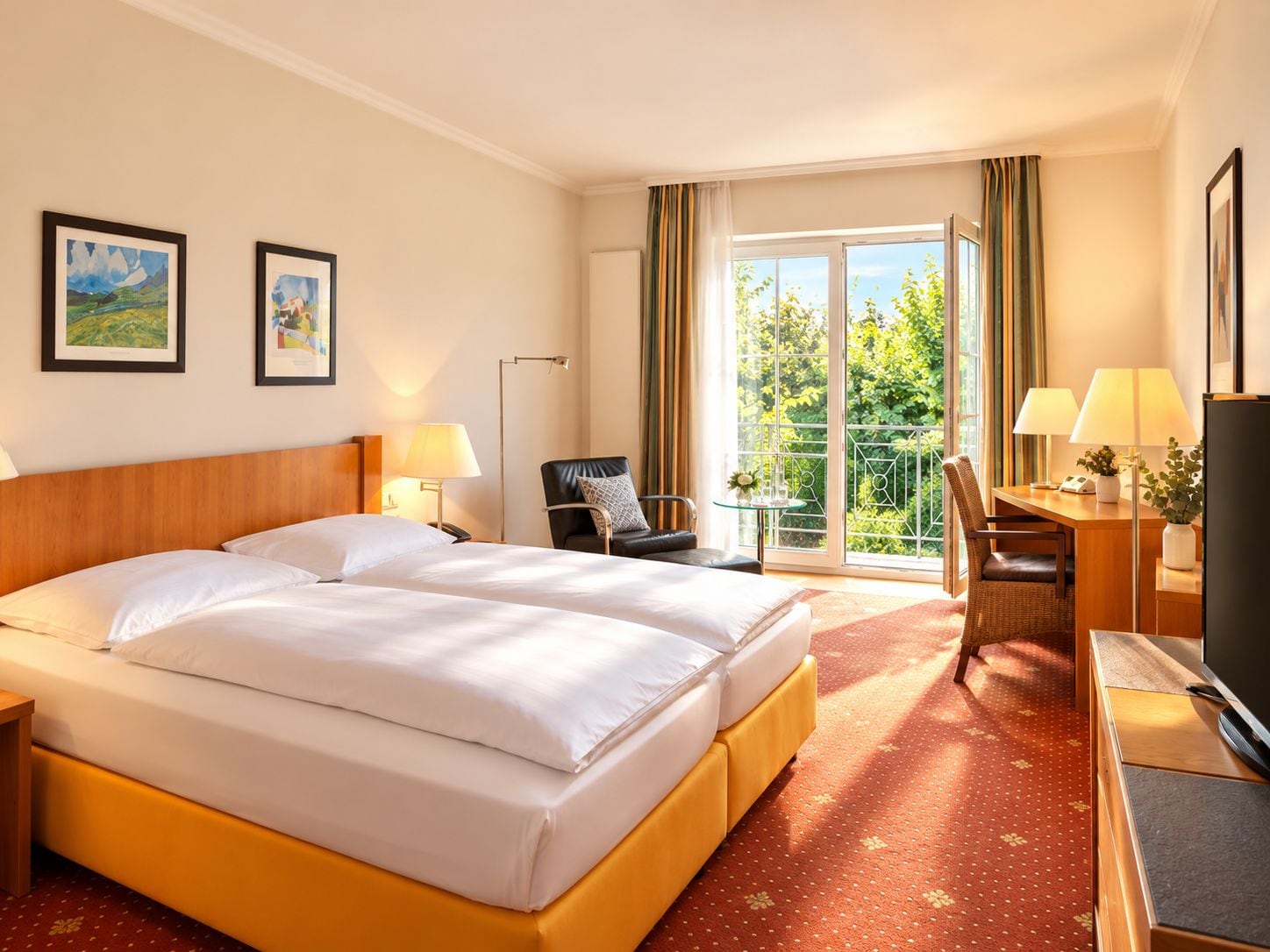 Habitación de hotel con una cama grande, un escritorio con silla, televisión y balcón con cortinas.