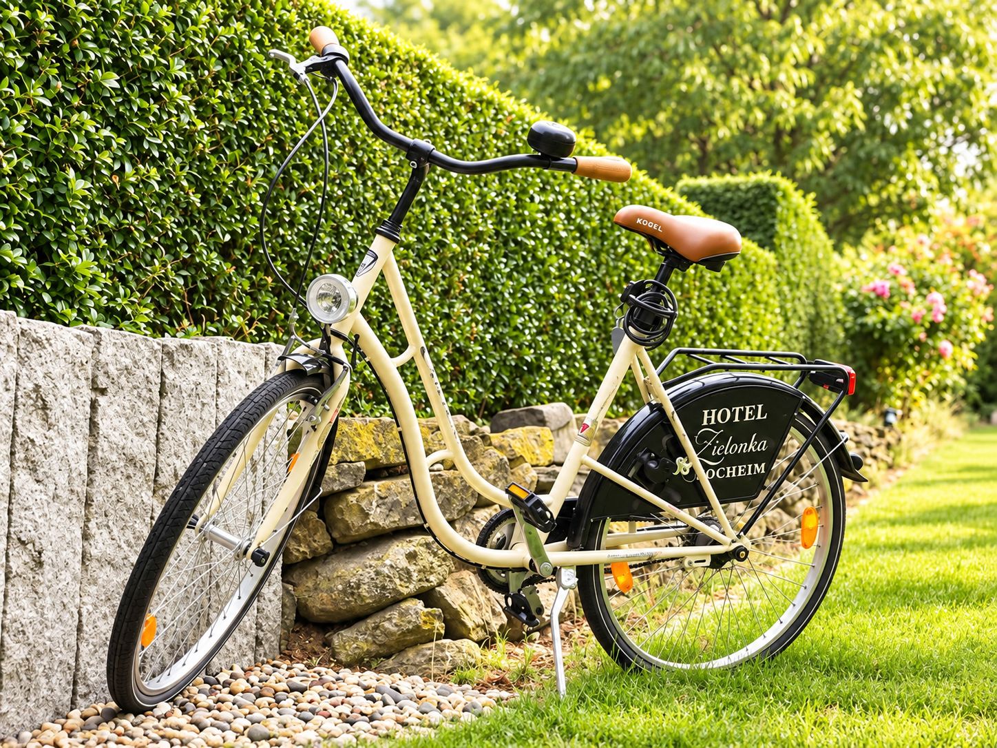 Ein Fahrrad mit einem Sitz, auf dem 'KOEL' steht, und einem Gepäckträger, das an einer Steinmauer geparkt ist, mit einer Hecke im Hintergrund.