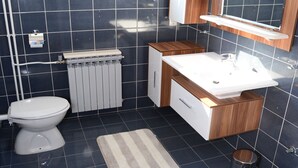 Une salle de bain moderne avec des toilettes blanches, un meuble-lavabo en bois, un lavabo blanc et un miroir au-dessus du meuble-lavabo.