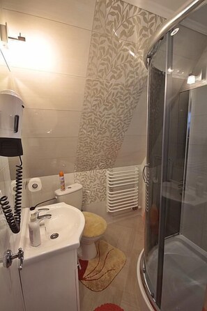 A bathroom with a glass-enclosed shower, a white sink, a toilet, and a patterned wall. - Willa u Bachledów (Zakopane)