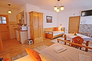 A cozy room with a bed, a small kitchenette, a wooden wardrobe, and a TV mounted on the wall. - Willa u Bachledów (Zakopane)