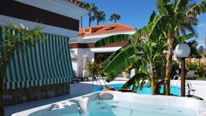 A hot tub with a stone wall and palm trees in the background.