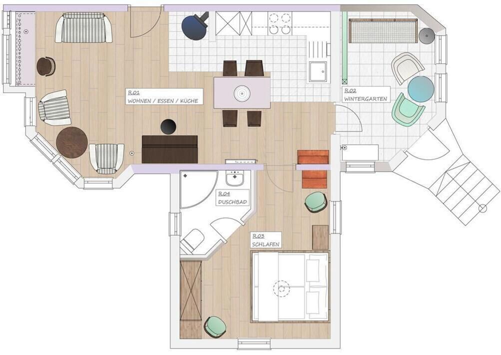 En planritning över ett hotell med numrerade rum: R01 – vardagsrum/gästrum, R02 – vinterträdgård, R03 – matsal, R04 – badrum och R05 – sovrum.