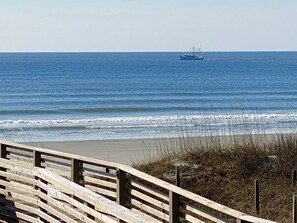 On the beach, sun loungers