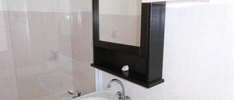 A bathroom with a white sink, a mirror, and a shower.