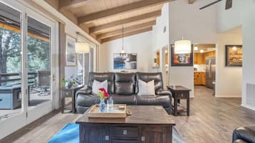 Smart TV, fireplace, books, stereo