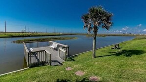 Un muelle con un banco y una palmera junto a un cuerpo de agua tranquilo.