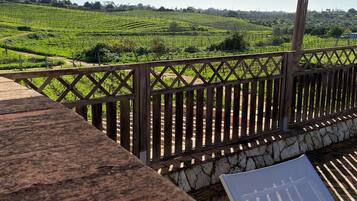 Enjoy a serene view of the lush vineyard from this outdoor terrace, equipped with a shaded area and a wooden fence.