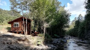 Un chalet rustique au bord d’une rivière, entouré d’une forêt dense.