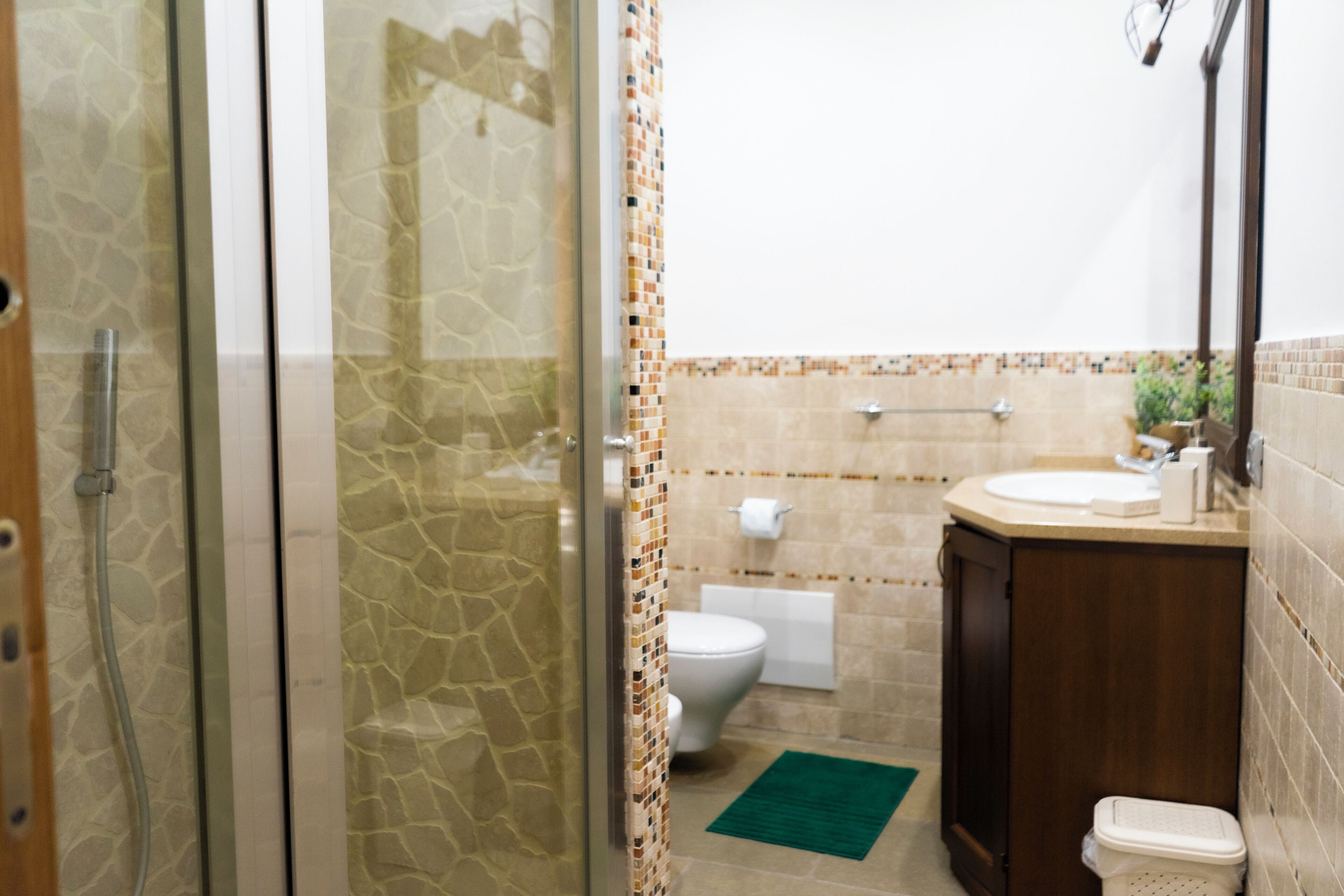 Un bany amb un plat de dutxa de vidre, un vàter, un lavabo i un tapet verd.