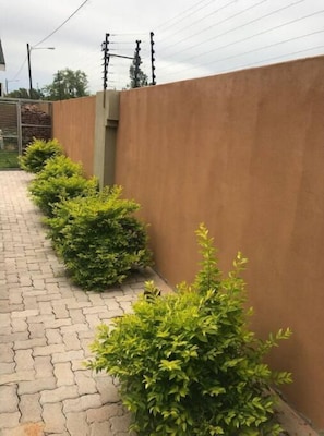 Ein gepflasterter Weg entlang einer Mauer, beides gesäumt von regelmäßig angeordneten grünen Sträuchern.