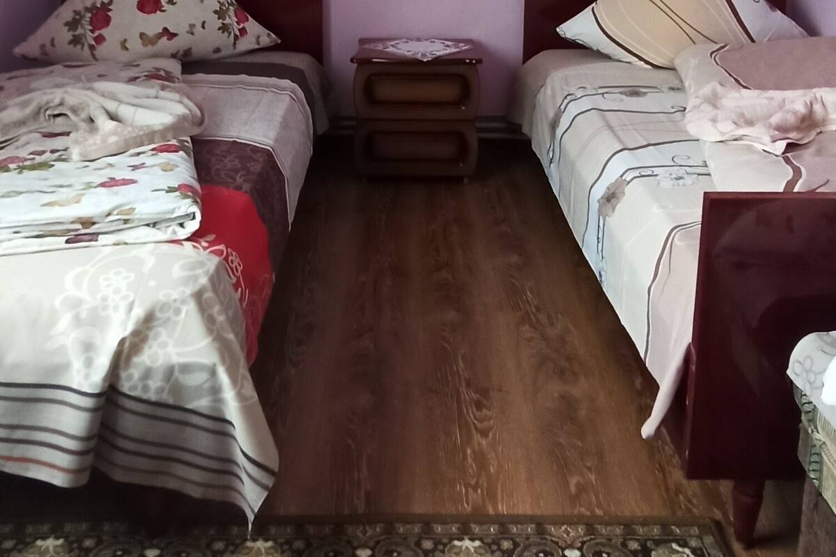 Ein Zimmer mit zwei Betten, Holzboden, einem gemusterten Teppich und einem Bild an der Wand.