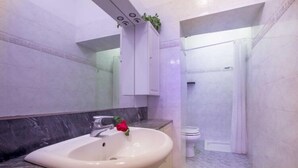 Un bagno con lavandino bianco, specchio, servizi igienici e zona doccia.