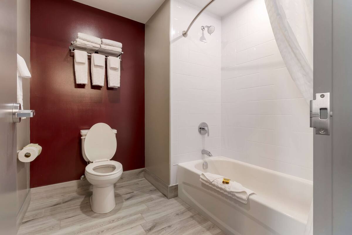 standard room, 2 queen beds, non smoking, refrigerator & microwave | bathroom | hair dryer, towels