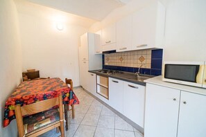 Una cocina compacta con armarios blancos, salpicadero de azulejos y un microondas.