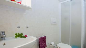 Ducha, cabezal de ducha tipo lluvia, bidé y toallas