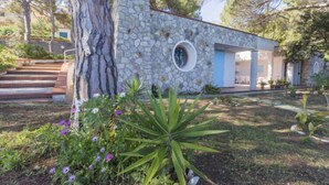 A stone building with a circular window, surrounded by a garden with various plants and a tree. - Villa Meridiana (Portoferraio)