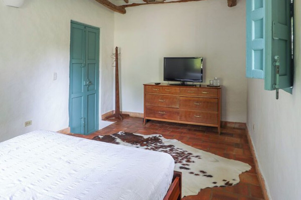Un dormitorio con una cama de madera, un televisor sobre un aparador de madera y un tapete de cuero de vaca en el suelo.