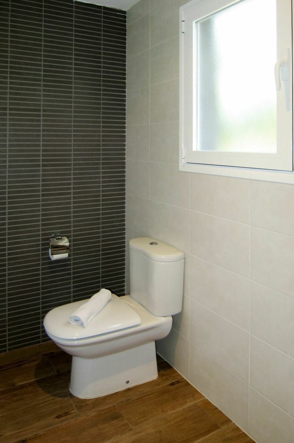 A bathroom with a toilet, a towel, and a window.