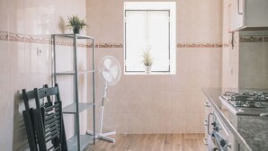 Una cocina con estufa a gas, un ventilador, una ventana y una repisa con plantas.