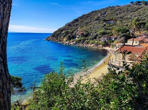 A coastal view with clear blue waters, a sandy beach, and houses on a hillside. - La Ginestra - Biodola Beach (Portoferraio)