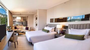 Værelse - 2 enkeltsenge - tekøkken | Egyptiske bomuldslagner, premium-sengetøj, dundyner, Tempur-Pedic-senge